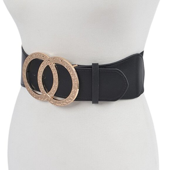 BNWT Plus Size Black Double Ring Buckle Elastic Stretch Fashion Belt - Picture 2 of 5